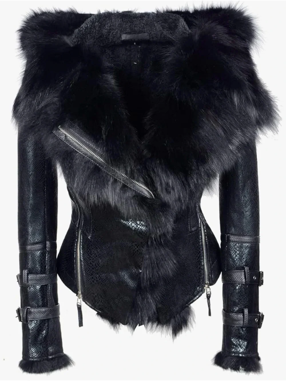 Women's Black Faux Leather Jacket with real Fox fur 💙